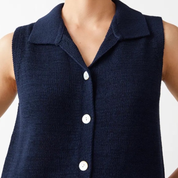 ANTHRO AND OTHER STORIES SWEATER VEST/DRESS NAVY SHELL BUTTONS SZ M LINEN BLEND - Picture 3 of 10